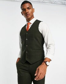 【送料無料】 エイソス メンズ ベスト トップス ASOS DESIGN wedding skinny wool mix suit vest in dark green herringbone DARK GREEN