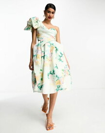 【送料無料】 エイソス レディース ワンピース トップス ASOS DESIGN one shoulder origami midi prom dress in blue floral print PRINT