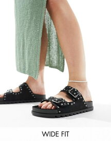 【送料無料】 エイソス レディース サンダル シューズ ASOS DESIGN Wide Fit Fantasy studded flat sandal in black Black