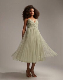 【送料無料】 エイソス レディース ワンピース トップス ASOS DESIGN Bridesmaid cami pleated tulle midi dress in sage Sage