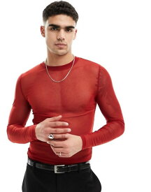 【送料無料】 エイソス メンズ Tシャツ トップス ASOS DESIGN muscle fit long sleeve t-shirt in red mesh RED