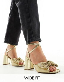 【送料無料】 エイソス レディース サンダル シューズ ASOS DESIGN Wide Fit Hitched bow detail mid block heeled sandals in gold GOLD