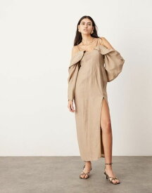 【送料無料】 エイソス レディース ワンピース トップス ASOS EDITION drama off the shoulder midaxi dress with long sleeves in camel Stone