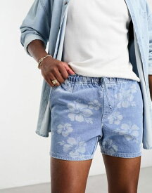 【送料無料】 エイソス メンズ ハーフパンツ・ショーツ ボトムス ASOS DESIGN pull on shorter length denim shorts in flower print Midwash blue