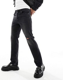 【送料無料】 エイソス メンズ デニムパンツ ジーンズ ボトムス ASOS DESIGN straight leg jeans with knee rip in vintage washed black Washed Black
