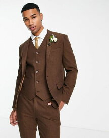 【送料無料】 エイソス メンズ ジャケット・ブルゾン アウター ASOS DESIGN wedding skinny wool mix suit jacket in brown basketweave texture BROWN