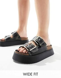 【送料無料】 エイソス レディース サンダル シューズ ASOS DESIGN Wide Fit Firecracker double strap footbed flat sandals in black Black