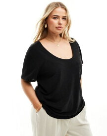 【送料無料】 エイソス レディース Tシャツ トップス ASOS DESIGN Curve linen look scoop neck pocket tee in black Black