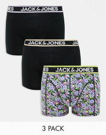 【送料無料】 ジャック アンド ジョーンズ メンズ トランクス アンダーウェア Jack & Jones 3-pack trunks in black and floral Wild lime