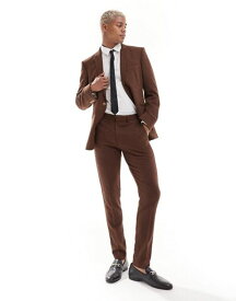 【送料無料】 エイソス メンズ カジュアルパンツ ボトムス ASOS DESIGN Wedding skinny wool mix suit pants in brown basketweave texture Warm brown