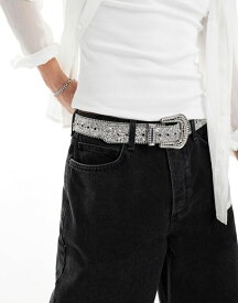 【送料無料】 エイソス メンズ ベルト アクセサリー ASOS DESIGN faux leather western belt with crystal and glitter in silver SILVER