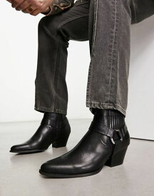 【送料無料】 エイソス メンズ ブーツ・レインブーツ シューズ ASOS DESIGN cuban chelsea boots with buckle detail in black faux leather Black