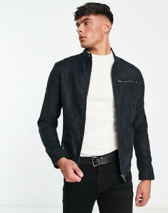 WbN Ah W[Y Y AE^[ WPbgEu] XG[h WPbg Jack & Jones Essentials biker jacket in faux suede Jet Black ubN