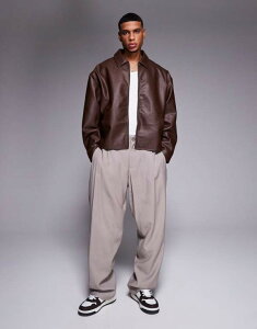 GC\X Y AE^[ WPbgEu] U[ tFCNU[ WPbg ASOS DESIGN boxy oversized Harrington jacket in faux leather BROWN uE