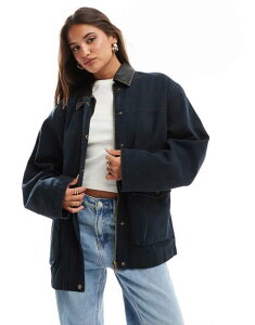 �G�C�\�X ���f�B�[�X �A�E�^�[ �W���P�b�g�E�u���]�� ���U�[ �W���P�b�g ASOS DESIGN oversized washed barn jacket with leather look collar Navy �l�C�r�[
