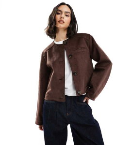 GC\X fB[X AE^[ WPbgEu] XG[h WPbg ASOS DESIGN collarless suedette jacket in chocolate chocolate `R[g