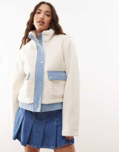 mCW[C fB[X AE^[ WPbgEu] fj WPbg Noisy May sherpa mix bomber jacket with denim insert in cream WHITE zCg