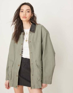 �G�C�\�X ���f�B�[�X �A�E�^�[ �W���P�b�g�E�u���]�� ���U�[ �W���P�b�g ASOS DESIGN oversized washed barn jacket with leather look collar Khaki �J�[�L