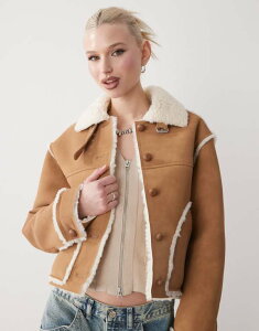 L fB[X AE^[ WPbgEu] XG[h WPbg Monki Moni suede aviator jacket with shearling trim and collar Brown uE