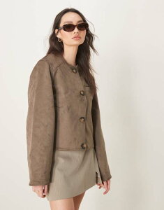GC\X fB[X AE^[ WPbgEu] XG[h WPbg ASOS DESIGN collarless suedette jacket in mushroom Mushroom