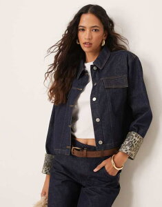 GC\X fB[X AE^[ WPbgEu] vg fj WPbg ASOS DESIGN denim jacket with leopard print turn up cuffs in indigo Blue u[