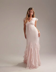 GC\X fB[X gbvX s[X }LVs[X }LV ASOS DESIGN Bridesmaids flutter sleeve bias maxi dress with flare frill hem in soft Soft pink sN