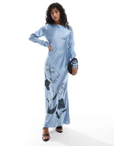 GC\X fB[X gbvX s[X }LVs[X Te }LV ASOS DESIGN satin bias maxi dress with embroidery in slate BLUE u[