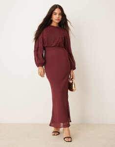 �G�C�\�X ���f�B�[�X �g�b�v�X �����s�[�X �}�L�V�����s�[�X �h�J �}�L�V ASOS DESIGN long sleeve embroidered pintuck detail maxi dress Burgundy �o�[�K���f�B