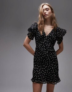 �g�b�v�V���b�v ���f�B�[�X �g�b�v�X �����s�[�X �h�b�g�� �h�b�g �~�j Topshop pinned sleeve mini tea dress and white polka dot Black �u���b�N