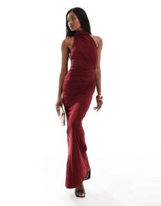 �G�C�\�X ���f�B�[�X �g�b�v�X �����s�[�X �}�L�V�����s�[�X ���b�V�� �}�L�V �z���^�[ ASOS DESIGN mesh twist bust detail halter maxi dress with tie back neck in wine Wine ���C��
