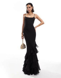 GC\X fB[X gbvX s[X t }LVs[X t }LV ASOS DESIGN scoop neck bias maxi dress with ruffle hem Black ubN