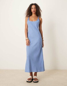 GC\X fB[X gbvX s[X }LVs[X fj l }LV ASOS DESIGN linen look twist strap bias maxi dress in denim wash Blue u[