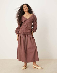 �G�C�\�X ���f�B�[�X �g�b�v�X �����s�[�X �}�L�V�����s�[�X �M���U�[ �}�L�V ASOS DESIGN poplin ruched waist maxi dress in chocolate Chocolate �`���R���[�g