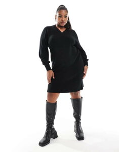 �I�����[�J�[�u ���f�B�[�X �g�b�v�X �����s�[�X V�l�b�N �~�j�����s�[�X �~�j �j�b�g ONLY Curve v-neck knit mini dress Black �u���b�N