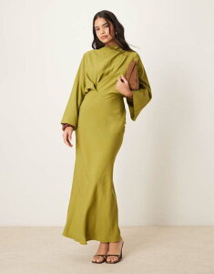 GC\X fB[X gbvX s[X }LVs[X }LV ASOS DESIGN long sleeve tucked waist bias maxi dress in olive OLIVE GREEN O[