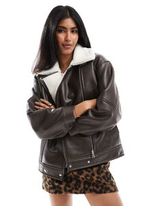 tH[X&bNX fB[X AE^[ WPbgEu] U[ tFCNU[ WPbg 4th & Reckless faux leather and shearling aviator jacket in chocolate Chocolate `R[g