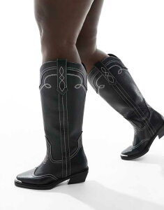 �G�C�\�X ���f�B�[�X �V���[�Y �u�[�c�E���C���u�[�c ASOS DESIGN Curve Celeste flat western knee boots with stitching BLACK PU �u���b�N