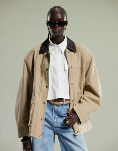 GC\X fB[X AE^[ WPbgEu] U[ WPbg ASOS DESIGN oversized washed barn jacket with leather look collar in stone Mushroom Xg[