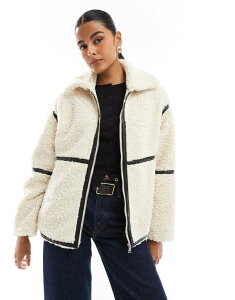 I[ fB[X AE^[ WPbgEu] RgXg WPbg ONLY teddy jacket with contrast trim in cream Black ubN