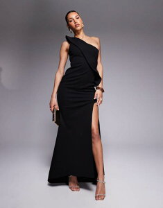�G�C�\�X ���f�B�[�X �g�b�v�X �����s�[�X �}�L�V�����s�[�X �X�L���[�o �}�L�V ASOS DESIGN premium scuba maxi dress with exaggerated sharp neckline Black �u���b�N