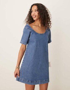 �G�C�\�X ���f�B�[�X �g�b�v�X �����s�[�X �~�j�����s�[�X �~�j �f�j�� ASOS DESIGN denim scoop neck mini dress Mid Wash �f�j��