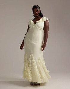 GC\X fB[X gbvX s[X }LVs[X }LV ASOS Curve ASOS DESIGN Curve Bridesmaids flutter sleeve bias maxi dress with flare frill hem in soft yellow Soft yellow CG[