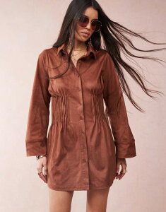 GC\X fB[X gbvX s[X ~js[X ~j Vc XG[h ASOS DESIGN suedette shirt mini dress with cinched pleat waist in chocolate Chocolate `R[g