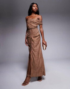 �G�C�\�X ���f�B�[�X �g�b�v�X �����s�[�X �~�f�B�����s�[�X �~�f�B ASOS DESIGN textured distressed bardot midi dress with raw panels in chocolate Chocolate �`���R���[�g