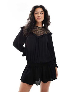�~�X�Z���t�t���b�W ���f�B�[�X �g�b�v�X �����s�[�X �~�j�����s�[�X �~�j ���[�X Miss Selfridge lace insert boho western mini dress Black �u���b�N