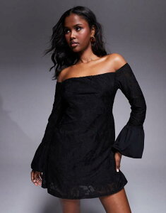 �G�C�\�X ���f�B�[�X �g�b�v�X �����s�[�X �~�j�����s�[�X �~�j �R���g���X�g ASOS DESIGN bardot mini dress in devore with contrast puff cuff sleeves Black �u���b�N