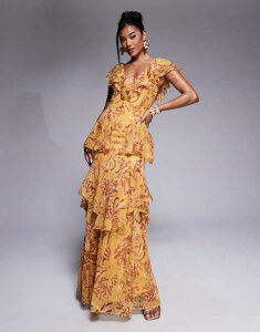 GC\X fB[X gbvX s[X eBA[h t[ vg t t[ ASOS DESIGN scoop neck flutter sleeve ruffle tiered midaxi dress in mustard floral print Mustard floral }X^[h