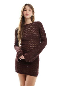 �~�X�Z���t�t���b�W ���f�B�[�X �g�b�v�X �����s�[�X �~�j�����s�[�X �~�j Miss Selfridge crochet low back long sleeve mini dress in chocolate Choc �`���R���[�g