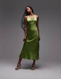 �g�b�v�V���b�v ���f�B�[�X �g�b�v�X �����s�[�X �h�b�g�� �~�f�B�����s�[�X �h�b�g �~�f�B Topshop twist front midi dress in olive polka dot GREEN �O���[��