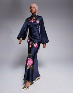 yz GC\X fB[X s[X gbvX ASOS DESIGN cowl neck floral embroidered bias maxi dress with blouson sleeves in navy NAVY